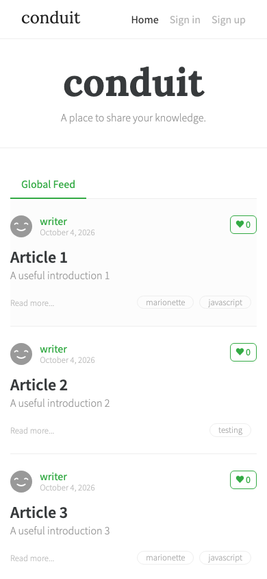 Conduit mobile home feed with Global Feed selected and populated article previews.