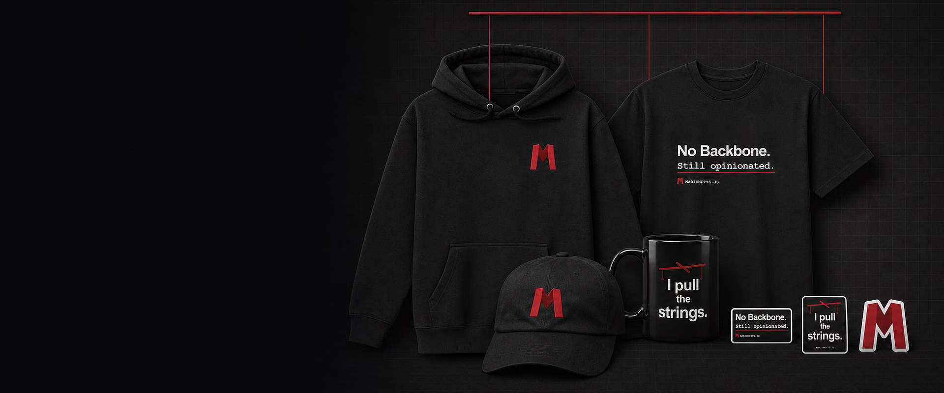 Marionette hoodies, a T-shirt, cap, mug, and stickers hanging from red puppet strings.
